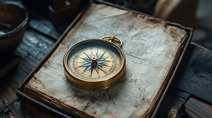 Antique Compass Rests on Aged Map Book