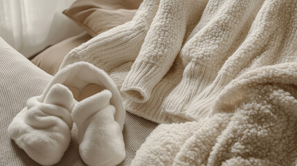 Cozy loungewear sets in soft fabrics like cotton or fleece, styled with slippers or socks.
