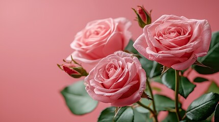 Fototapeta premium Pink roses bouquet on pink backdrop for romantic occasions.