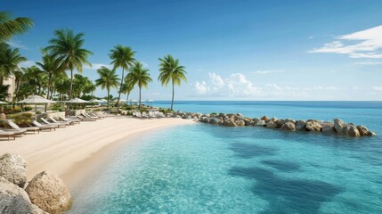 Sea beach top view background, tropical ocean coastline with palm trees and rocks in blue clean water. Sandy shore scenery nature landscape, travel destination, paradise Cartoon vector illustration
