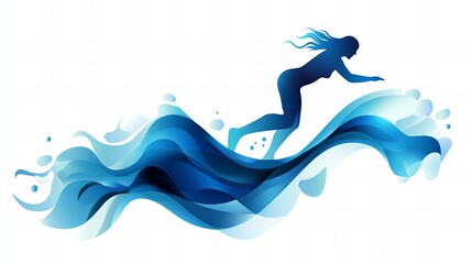 Silhouette of a woman surfing a stylized wave.  Dynamic movement, cool blues.