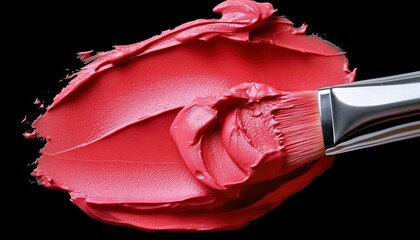 Bright red lipstick smeared on a surface with a makeup brush during a beauty application session