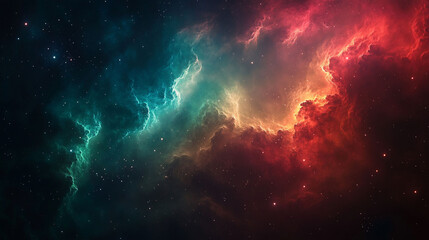Fototapeta premium Cosmic nebula with red and teal clouds, stars.