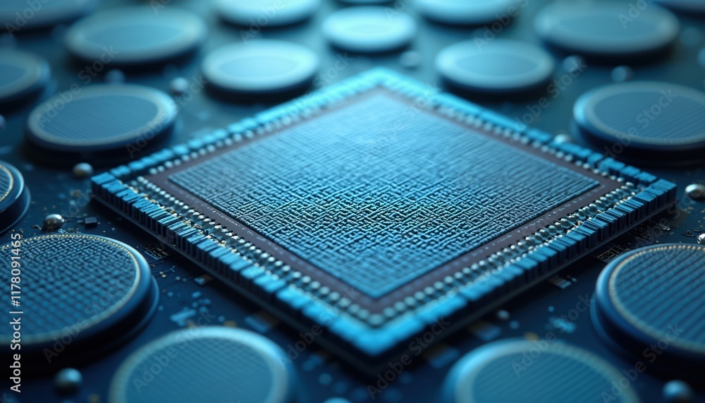 Poster Close-up view of silicon wafer with microcircuits. Complex intricate patterns, textures visible on chip surface. Dark blue tones dominate image. Advanced technology, precision engineering behind