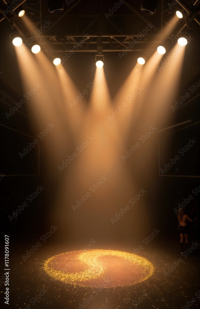Poster Empty stage illuminated by spotlights. Warm golden light beams down. Design element of sparkling gold particles on floor. Possible use for stage show presentation concert setting. Ideal for club