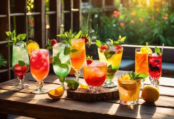 Fototapeta premium colorful glassware showcasing vibrant iced cocktails fresh fruits exquisite garnishes sunlit setting, drink, beverage, refreshing, summer, straw, splash