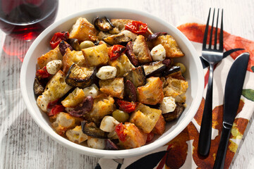 Roasted and Toasted Eggplant Panzanella Salad with tomatoes, olives, mozzarella and sumac