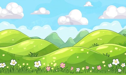 Fototapeta premium Cartoon rolling green hills landscape with flowers, clouds, and mountains.
