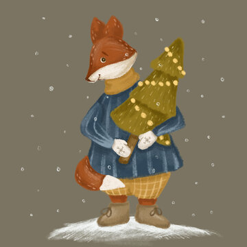 A fox holding a Christmas tree