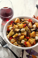 Roasted and Toasted Eggplant Panzanella Salad with tomatoes, olives, mozzarella and sumac