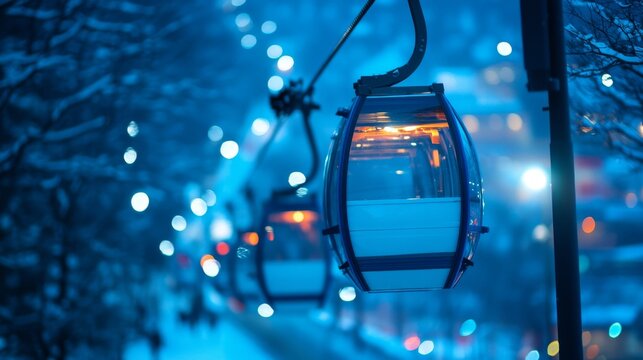 Close-up of a funicular cabin illuminated at night, surrounded by a snowy landscape and blurred city lights in the background