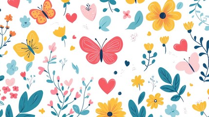 Colorful floral butterfly pattern, hearts, spring design, website background