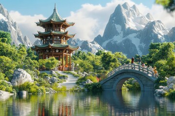 Naklejka premium Tranquil east asian landscape with pagoda, stone bridge, pavilion, and snow capped mountains