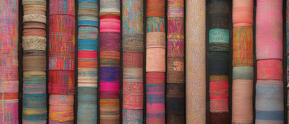 Poster Vibrant textile patterns display in a design studio showcasing vivid colors and textures