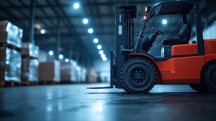 Close-up of a red forklift in a warehouse setting, showcasing its wheels and side profile against a blurred background of pallets