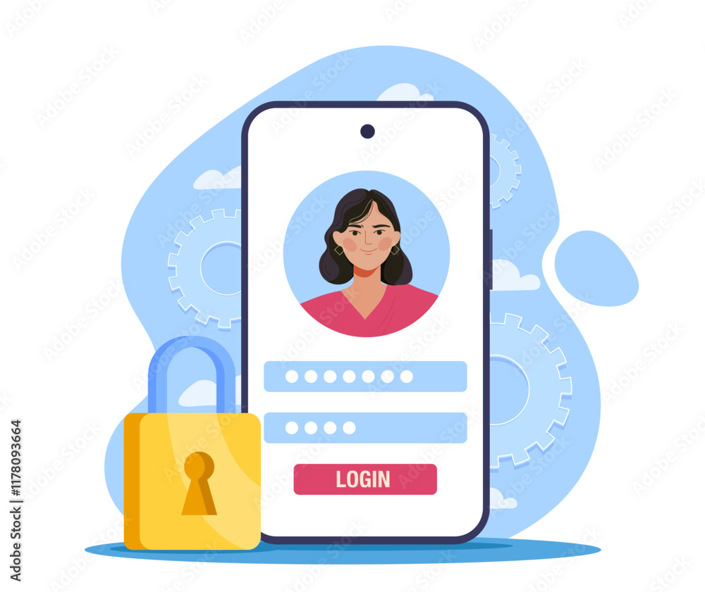 Poster account authentication on smartphone. login and password at smartphone screen. woman logs into socia