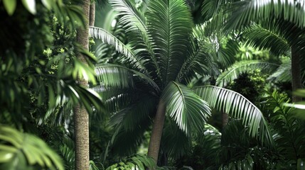 Obraz premium Group of palm trees growing amidst dense forest foliage