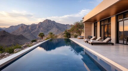 Fototapeta premium luxury resort setting, elegant villa pool terrace with stone paving, vibrant bougainvillea, peaceful mountain scenery, and chic cabanas