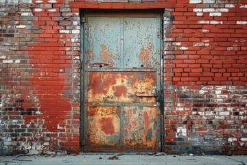 Naklejka premium Red brick wall with old rustic weathered door in european city. Detailed photo textured background