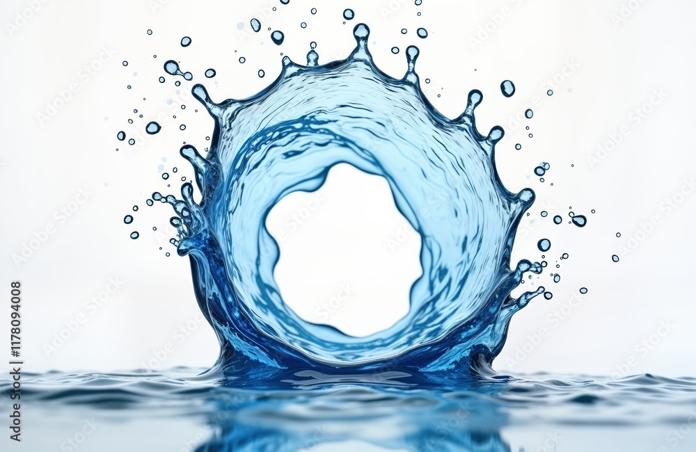 Poster Isolated blue water splash creates round shape on white background. Dynamic liquid motion. Abstract art. Freshness, purity theme. Suitable for food, drink branding. Clean, fresh water. Generative ai