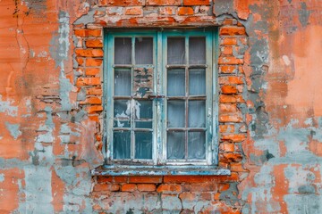  Red brick wall with old wooden window in russian city. Detailed photo textured background