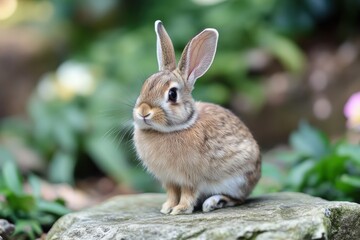 Fototapeta premium Small rabbit resting on a stone amidst green foliage in a garden setting