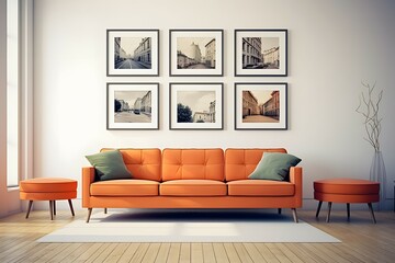  minimal design appartment, a wall with 2 or 3 picture frames, modern living-room, colourful center