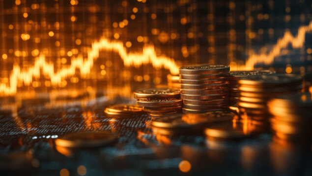 Stacked gold coins reflecting on a table with a financial stock market graph in the background.
