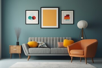  minimal design appartment, a wall with 2 or 3 picture frames, modern living-room, colourful center