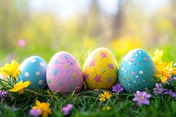 Colorful Easter eggs resting on green grass surrounded by vibrant flowers in springtime