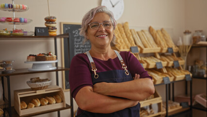 Woman standing in a bakery with arms crossed, smiling confidently, surrounded by shelves of fresh bread and pastries, wearing glasses and a purple shirt with an apron, clock in the background