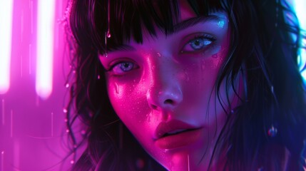 Obraz premium Stunning 2D cartoon illustration of an anime girl featuring vaporwave and synthwave styles with vibrant chromosaturation and neon hues perfect for stickers or t shirts in a cyberpunk theme