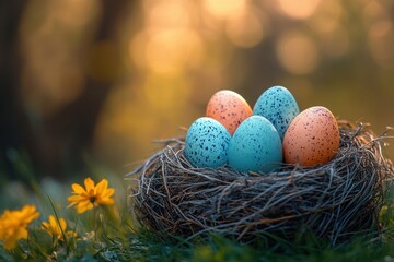 Obraz premium Colorful Easter eggs nestled in a rustic nest among blooming flowers at sunrise