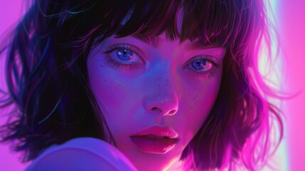 Obraz premium Stunning 2D cartoon illustration of an anime girl featuring vaporwave and synthwave styles with vibrant chromosaturation and neon hues perfect for stickers or t shirts in a cyberpunk theme