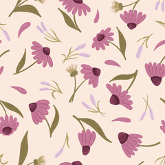 Seamless vector pattern elegant dainty florals on cream white, Purple coneflower repeat textile