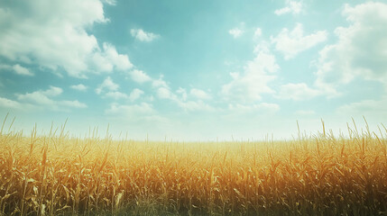 Fototapeta premium Golden wheat field under a bright blue sky with fluffy clouds.