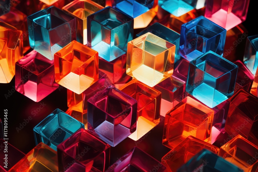 Poster a vibrant array of falling hexagonal prisms showcasing a spectrum of colors in a mesmerizing display
