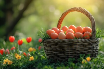 Colorful eggs in a wicker basket on green grass surrounded by flowers in sunlight