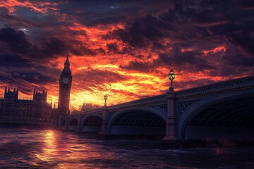 Fototapeta premium Stunning sunset over big ben and waterloo bridge in london with a dramatic sky display
