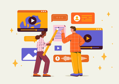 Creative team work together. Man and woman create content for social networks and messengers. Art directors edit articles, pictures, audio and video files. Flat vector illustration