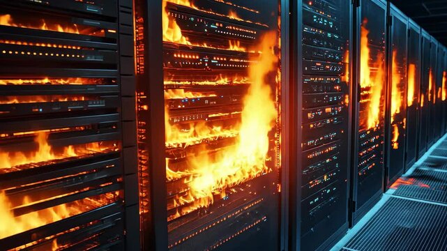 Flames engulfing server racks in data center during a catastrophic fire incident, Flames engulfing server rack, depicting a data center fire