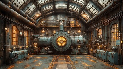 Steampunk industrial power plant interior.