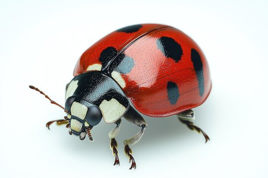 A single ladybug perched on a white surface, its red and black shell standing out - Powered by Adobe