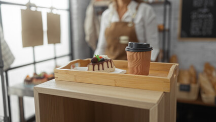 Woman working in a bakery shop with a tray of coffee and cake on a wooden counter in the foreground