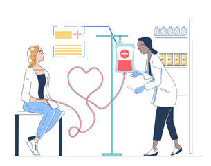 Woman donating blood. Doctor with patient. Young girl in medical uniform. Blood donor, activist and volunteer. International holiday and festival. Linear vector illustration