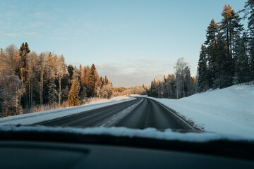 Winter Drive Through Snowy Landscape