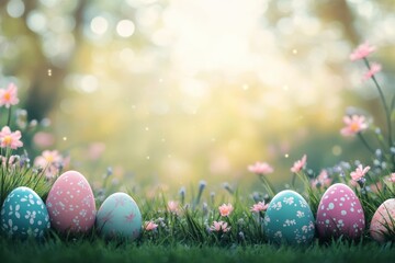 Colorful Easter eggs nestled in a flower-filled meadow under soft spring sunlight