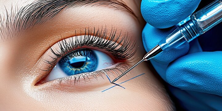Close-up view of an eye during an aesthetic procedure in a clinical setting