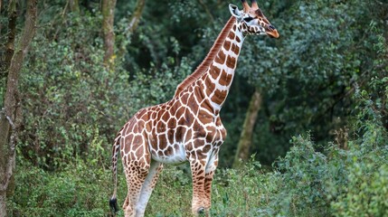 Obraz premium A giraffe standing amidst trees and foliage