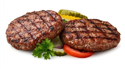 Grilled hamburger meat isolated on white background, clipping path, full depth of field.